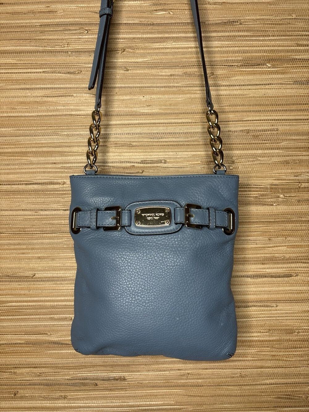 Michael Kors Hamilton Pebbled Leather Crossbody Bag Blue 11” x 10”